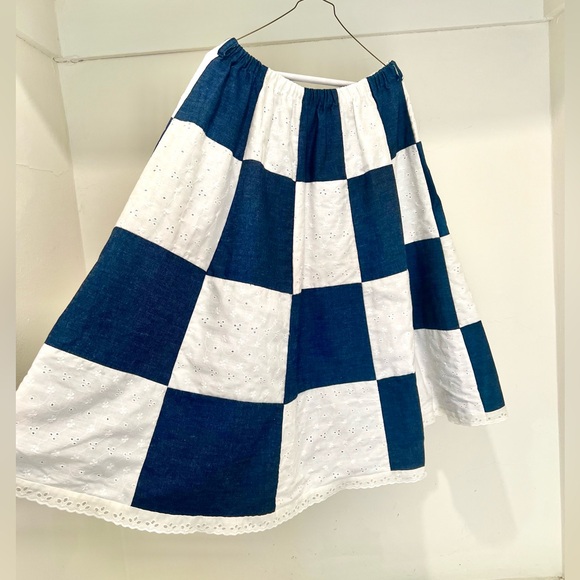 70s Vintage 🤍 Jordana Denim Chambray & Eyelet Checkered Skirt - Picture 2 of 3